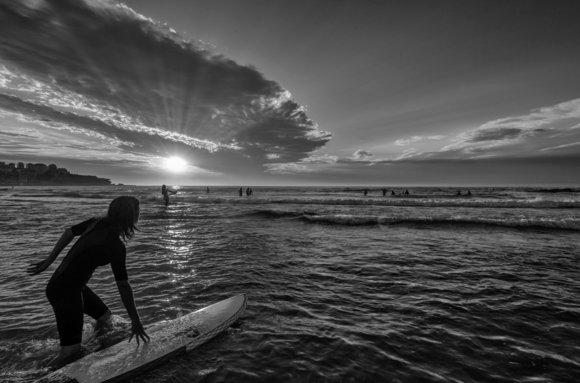 Surfer In Sunrise.