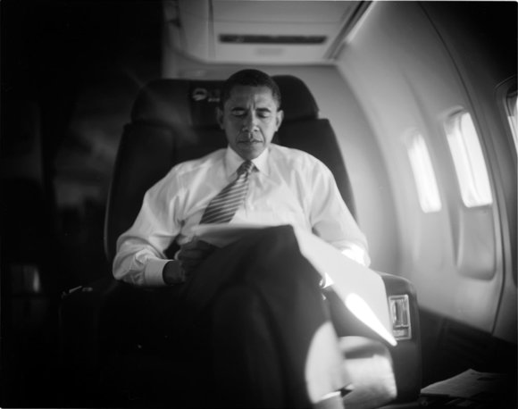 Barak Obama on the Campaign Plane