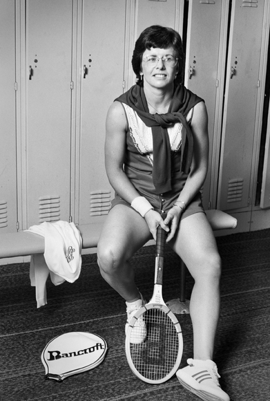 Billie Jean King in a locker room, 1978