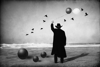 Man in Black with Balloons Birds and Sphere
