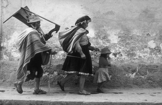 Blind harpist led by his family