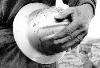 Logger's hand with helmet Logger's hand with helmet