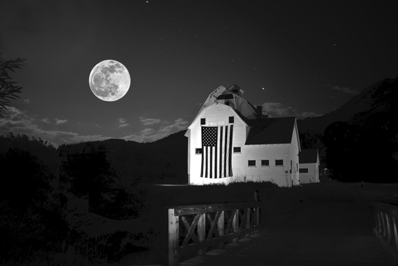 Moon Rising Over White Barn