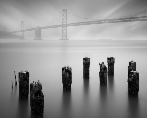 Pier pillings and the San Francisco-Oakland Bay Bridge. 